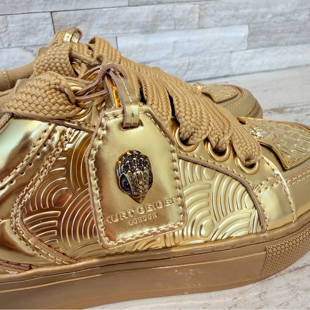 Kurt Geiger London Women's Southbank Tag Gold Metallic Platform Sneakers NEW - Picture 3 of 14